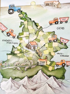 Peinture d'une carte des 3 départements limitrophes